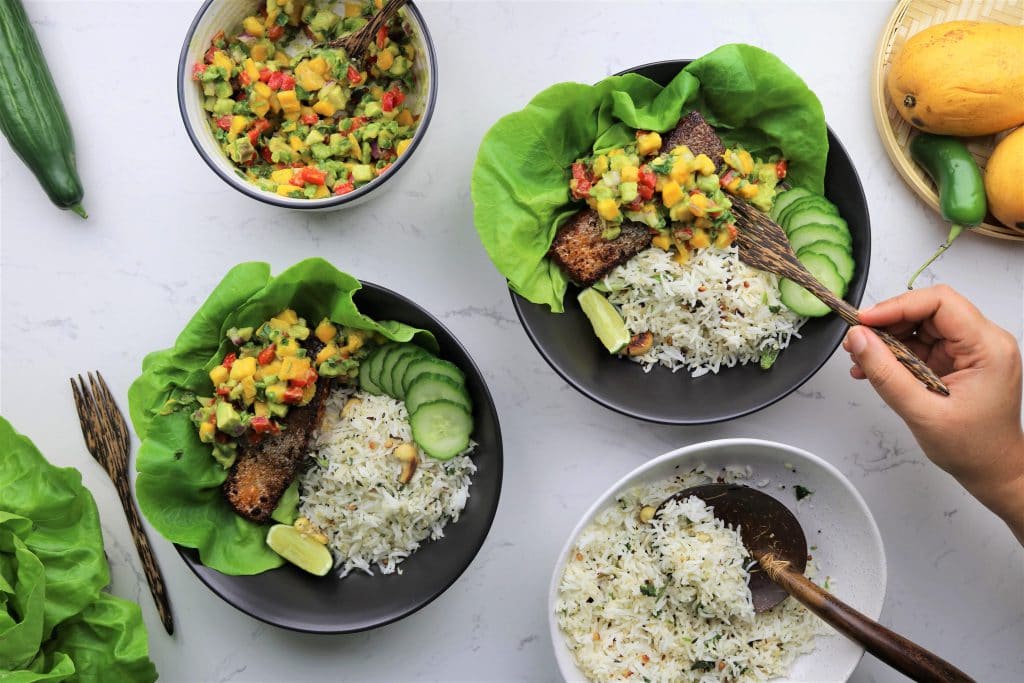 Masala salmon with mango avocado salsa