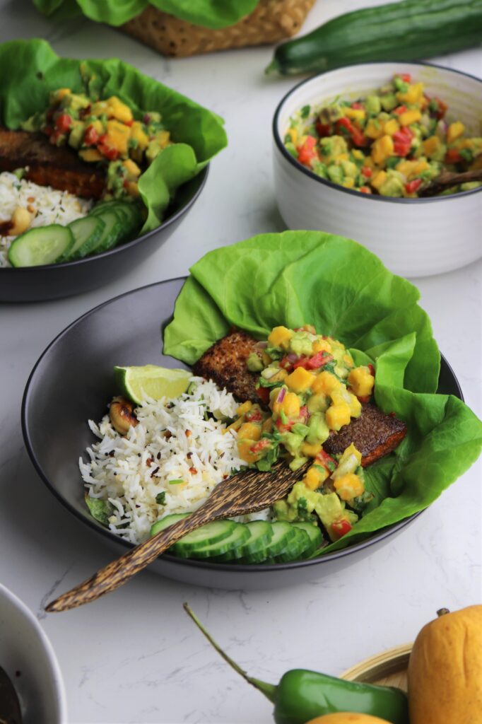 Masala salmon with mango avocado salsa