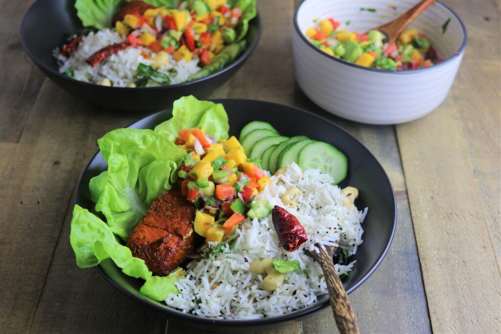 Masala salmon with mango avocado salsa