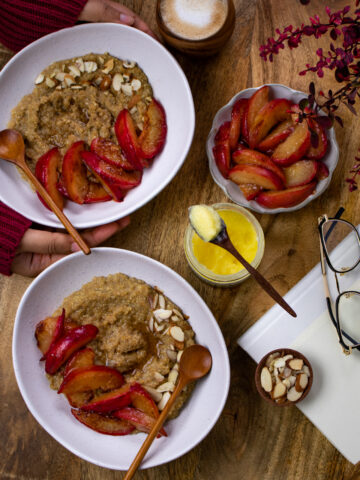 Amaranth quinoa breakfast bowl with maple cardamom plums 19