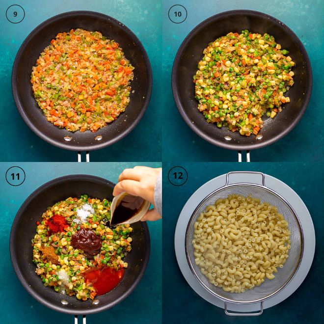 Masala macaroni step by step instructions depicting steps 9 through 12